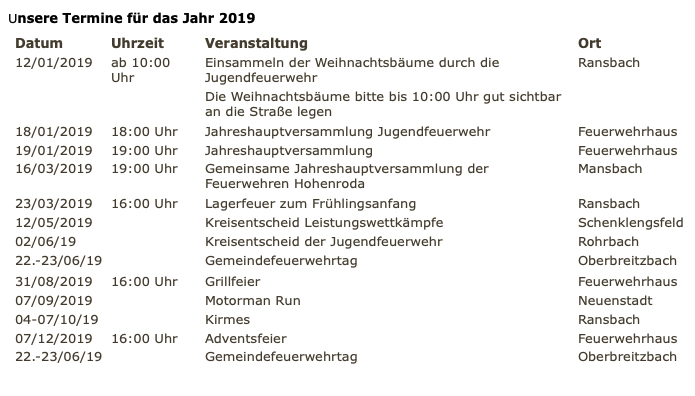 Veranstaltungstermine der Feuerwehr Ransbach